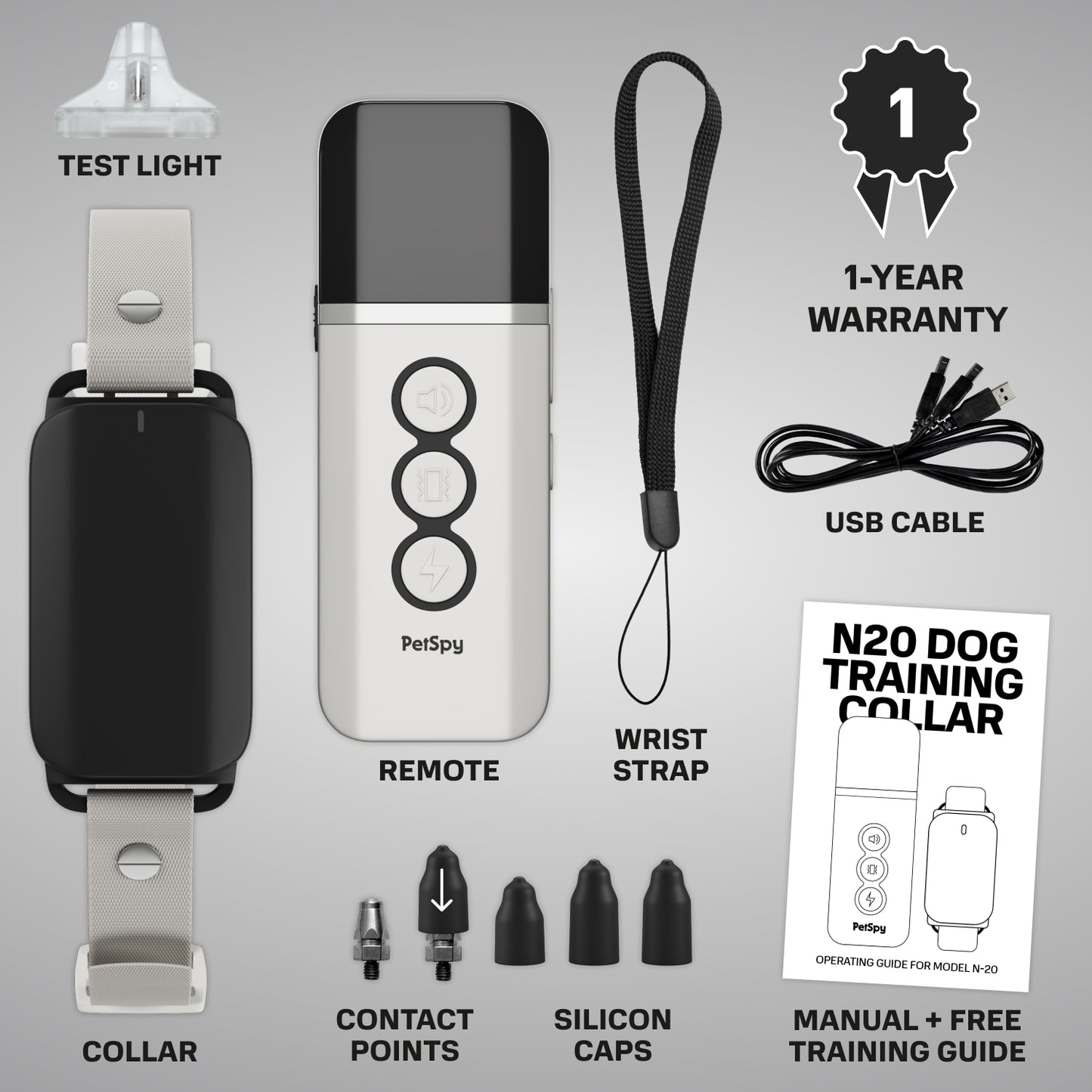 included test light collar remote contact points silicon caps wrist strap usb cable manual free training guide