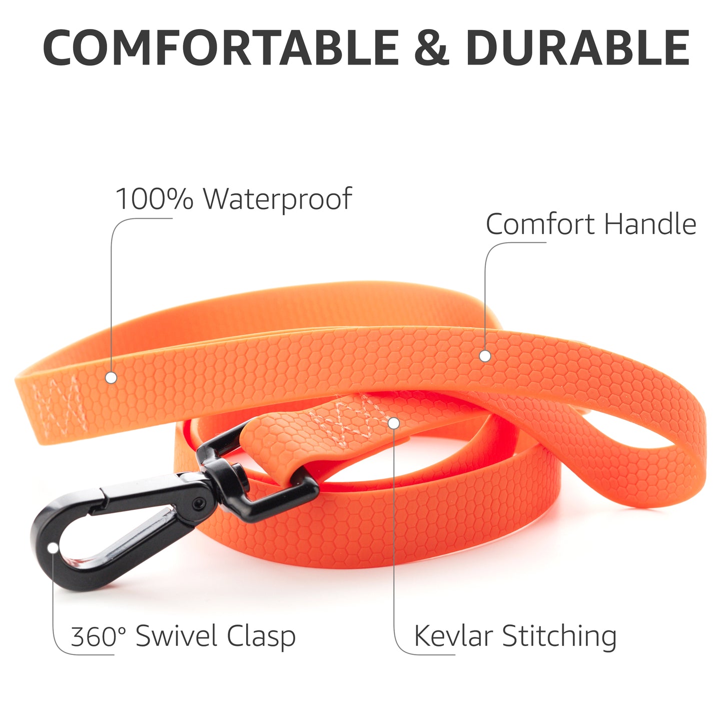 heavy duty dog - comfortable and durable, 100% waterproof, comfort handle, 360 swivel clasp, kevlar stitching