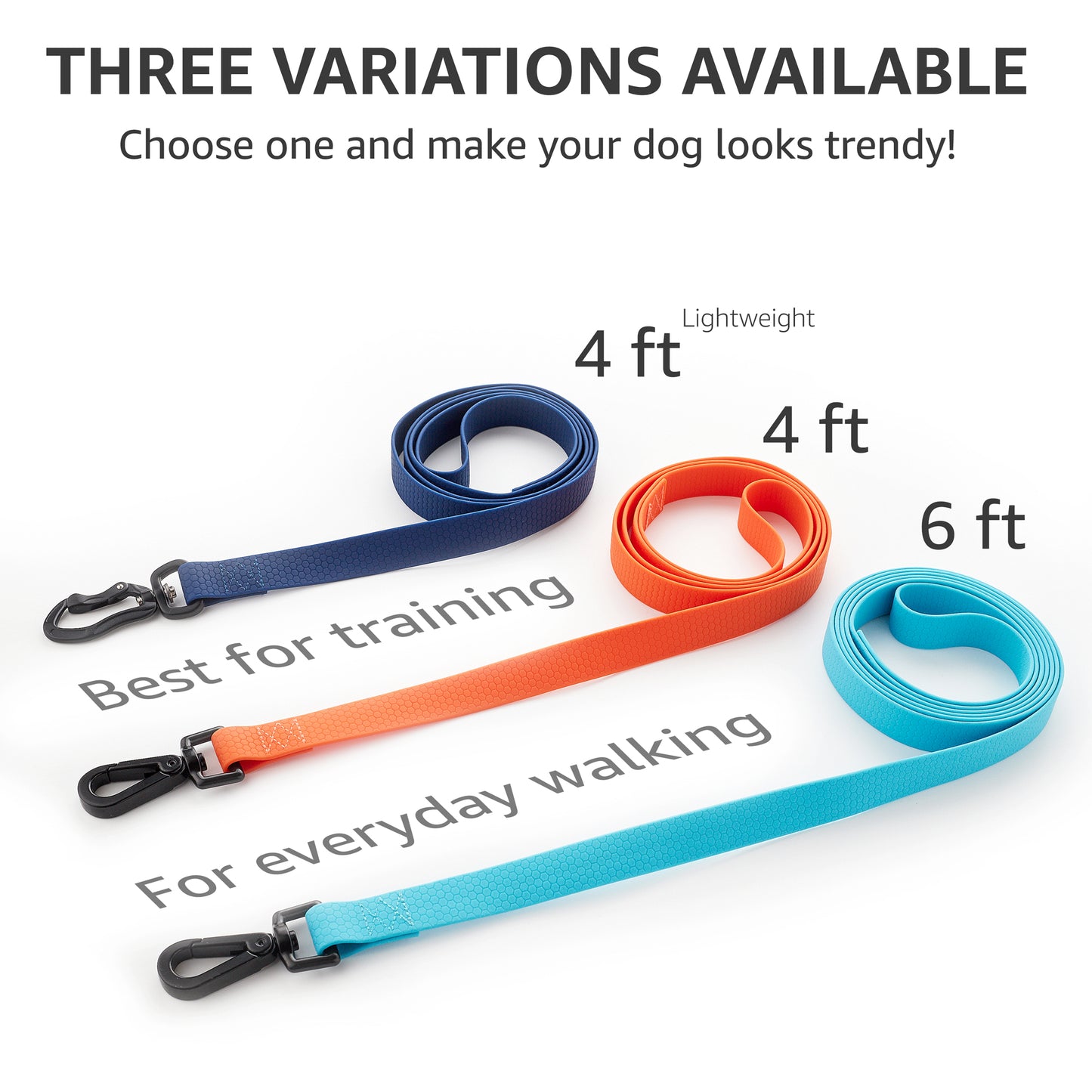 three size variations, choose one and make your dog looks trendly:4 ft lightweight, 4 ft, 6ft