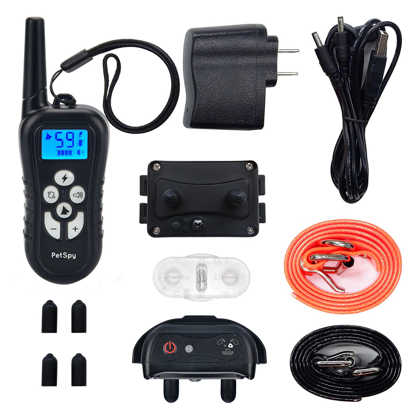 product included: Remote Transmitter, Collar Receivers, Adjustable TPU Straps, Dual USB Charger, Test Light and User Guide