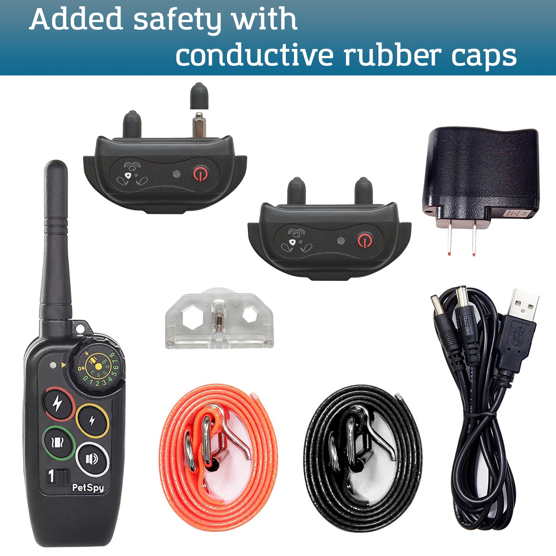 include: Remote Transmitter, Collar Receiver, Adjustable TPU Strap, Dual USB Charger, Test Bulb and User Guide