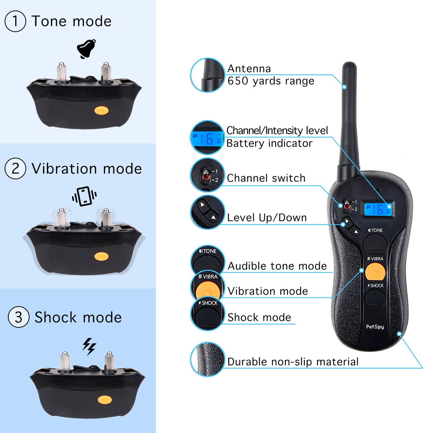 P620B pro field trainer has 3 training modes: tone, vibration, shock