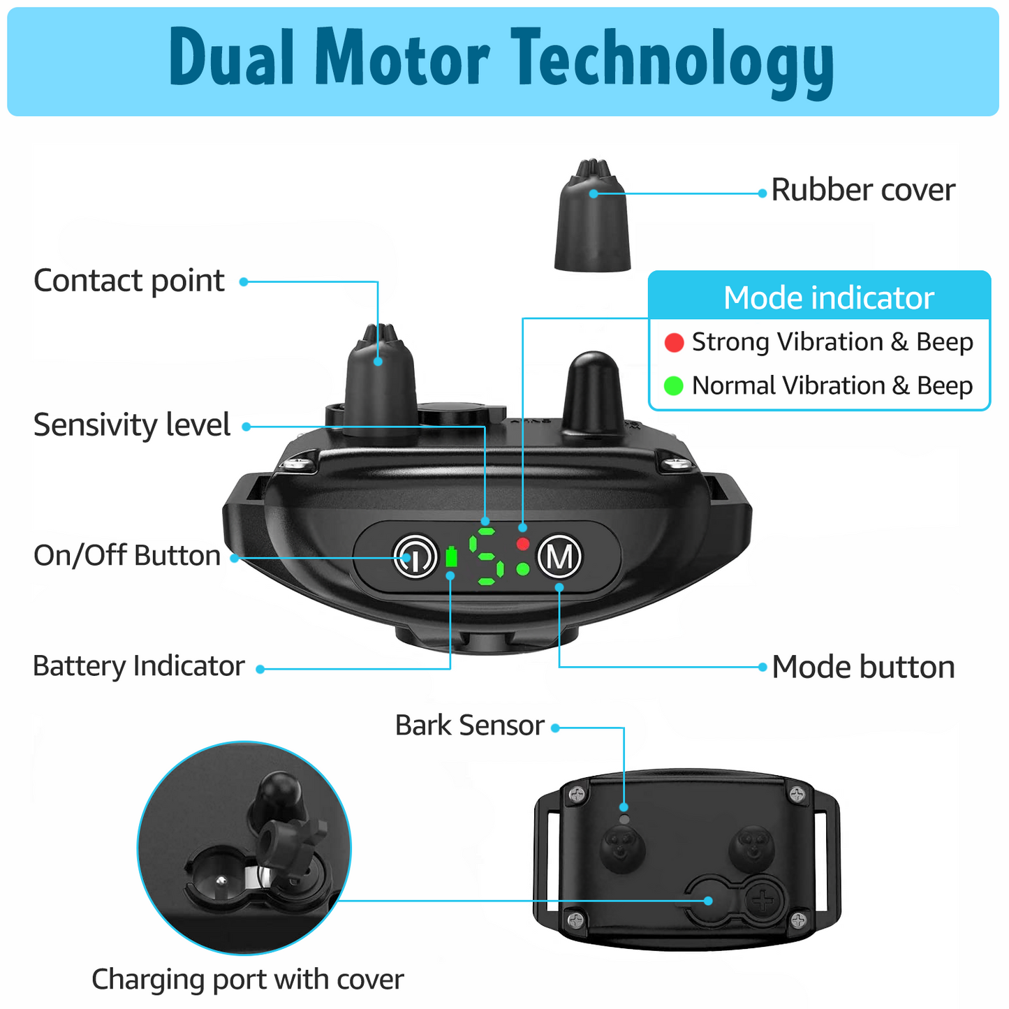 dual motor technology: contact point, sensivity level, on/off button, battery indicator, rubber cover, mode button, bark sensor, charging port with cover