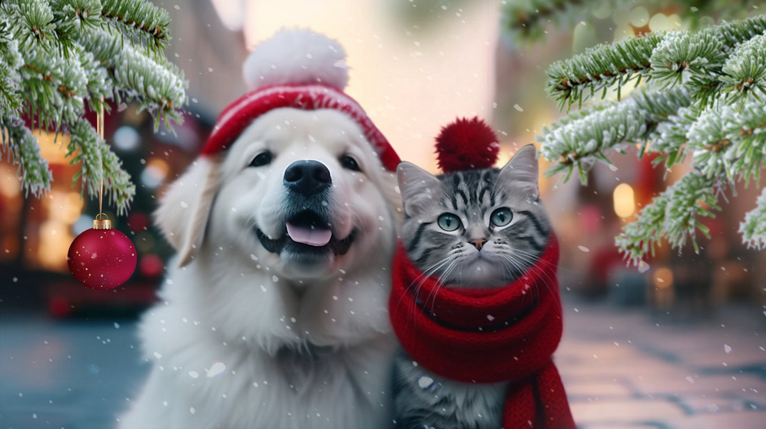 a dog and a cat in a santa hat