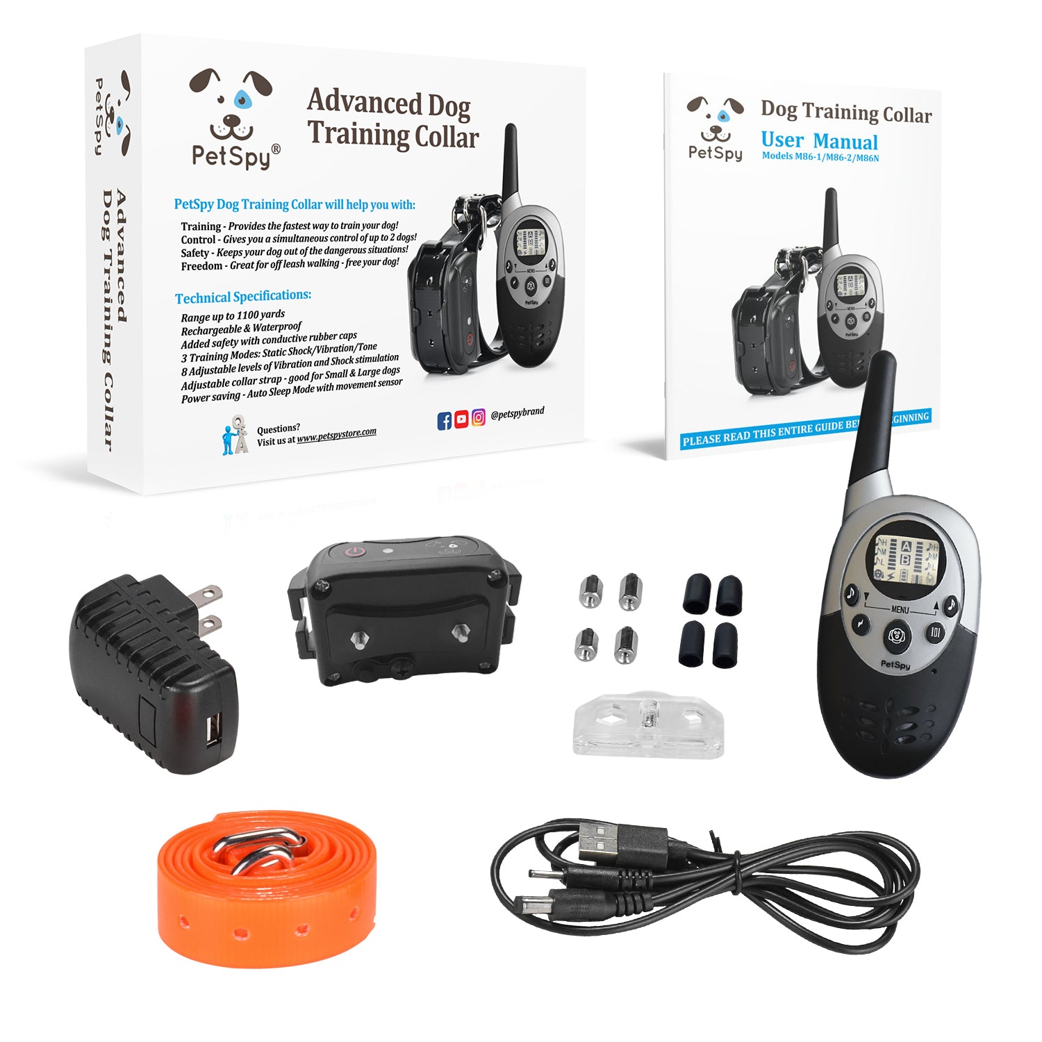 Included_Remote Transmitter_Collar Receiver_Adjustable TPU Strap_Dual USB Charger_Test Bulb_Set of Metal Probes_User Guide