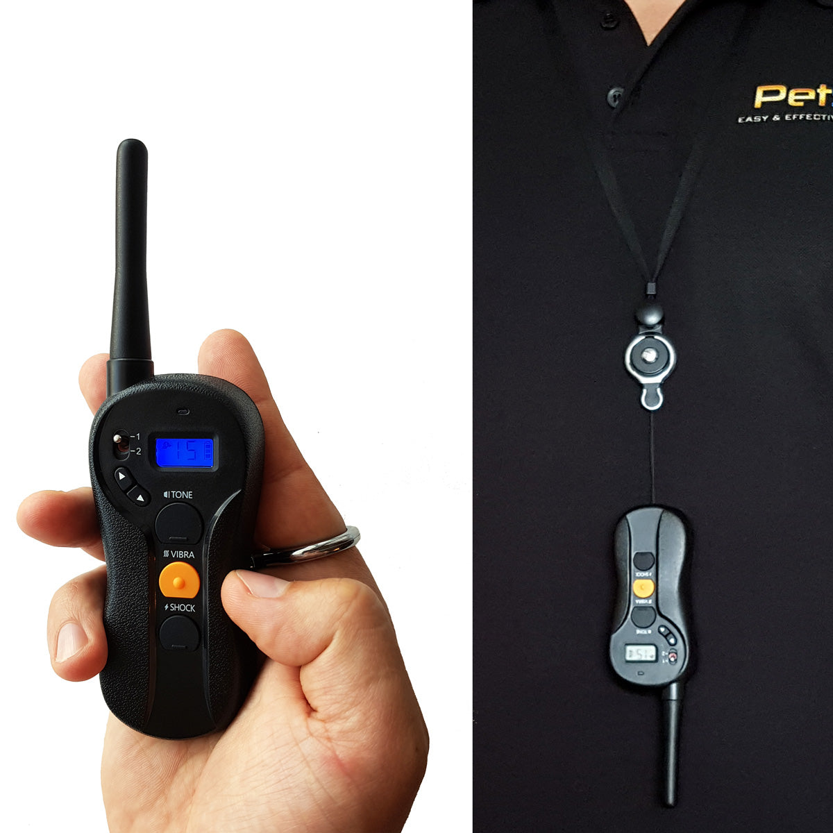 Lanyard for dog training remote transmitters. The soft material prevents irritation making it suitable for all-day use