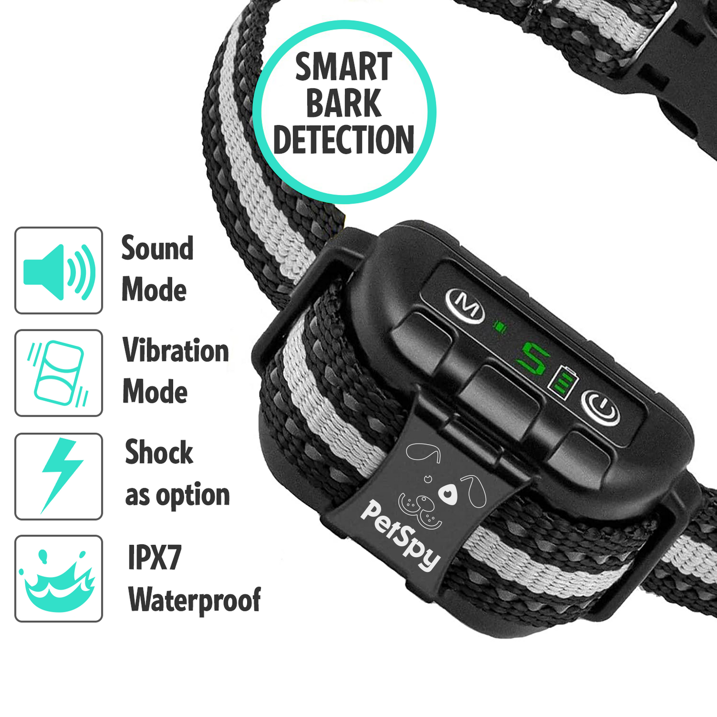 smart dog bark control, smart bark detection: sound mode, vibration mode, shock as option, IPX7 waterproof