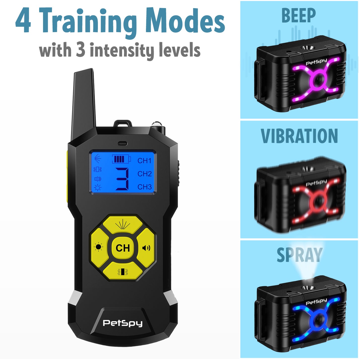 citronella spray for dogs remote has 4 training modes with 3 intensity levels